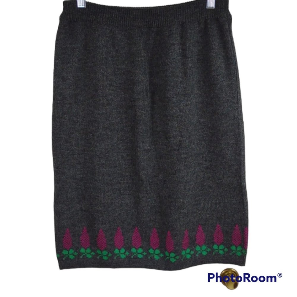 Vintage Justine Todd Wool Blend Grey Pull-On Pencil Skirt W/ Floral Knit Detail